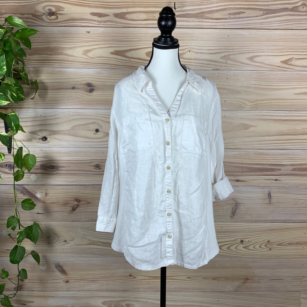 JM Collection Button Front Shirt Womens 14W White Linen Cotton Mixed Media Top